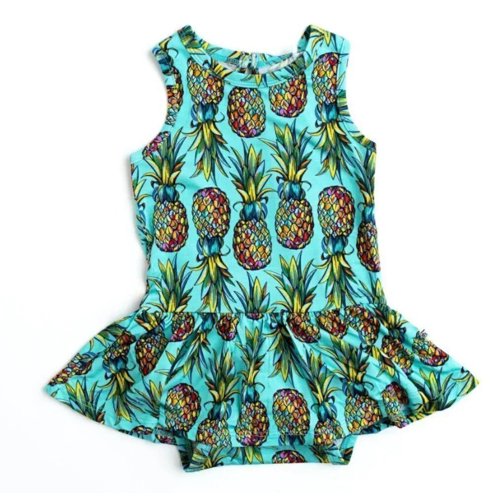 Bums & Roses Feelin Pine Tropical Pineapple Racer Back Ruffle Dress Size 3-6M